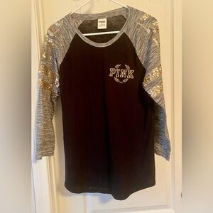 PINK Victoria's Secret  Black and gold Sequin long sleeve Tee (LG)